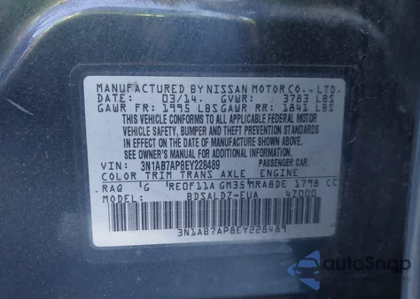 2014 Nissan Sentra Fe+ S/Fe+ Sv/S/Sl/Sr/Sv z USA, uszkodzony, nr VIN 3N1AB7AP8EY228489